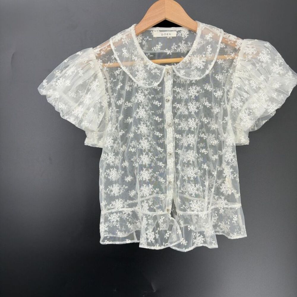 Doen Ivory Sheer Floral Lace Puff Sleeve Blouse